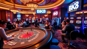 Engaging gamblers playing at the BK8 casino with vibrant slot machines and poker tables.
