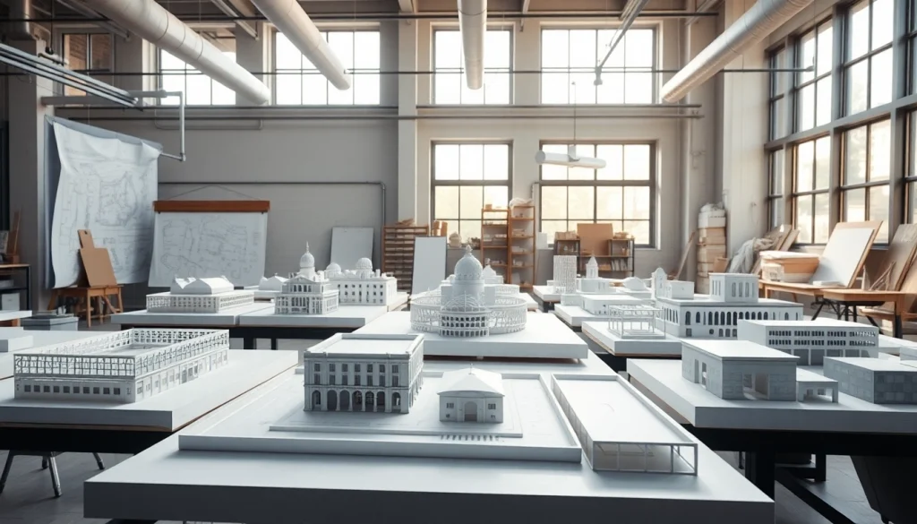 Architekturmodellbau Chemnitz in einer modernen Werkstatt mit detaillierten Modellen.