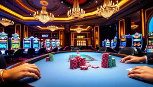Players engage in high-stakes poker at DEBET's vibrant casino table with chips and cards.