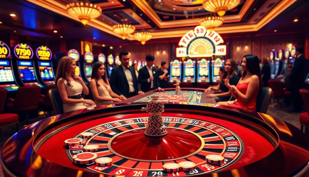 Players enjoying an exhilarating game at FIVE88 casino with roulette table and vibrant slot machines
