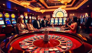 Players enjoying an exhilarating game at FIVE88 casino with roulette table and vibrant slot machines