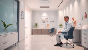 包茎手術 東京のクリニックでの診察シーン。医師と患者の対話が行われ、専門的な雰囲気を表現。