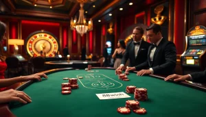 Engaging poker players at a refined casino table, showcasing 98win3h.blog in the backdrop.