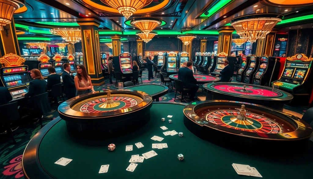 Exciting casino scene at 888new with players at roulette and poker tables.