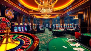 Experience high-stakes action at the hidden wiki-themed casino, featuring bright slot machines and poker tables.