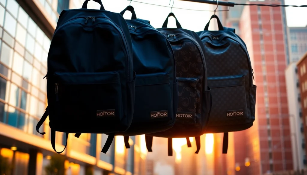 Kuprinės su logotipo spauda rodomos dinamiško miesto aplinkoje, demonstruojančios įvairius stilius ir spalvas.