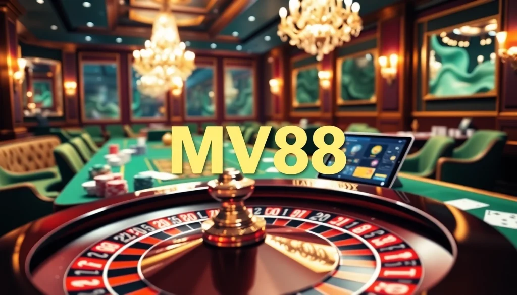Experience the excitement of MV88 at a luxurious casino featuring poker chips, a roulette wheel, and online gaming interfaces.