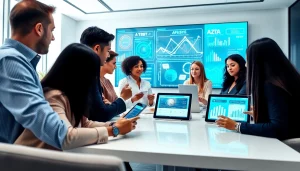 AI consulting company in UK team collaborating in a modern office setting with high-tech visuals.