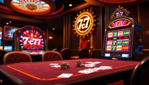 Experience the thrill of the 7c77 app with vibrant casino visuals of poker and slot games.
