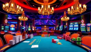 Experience a thrilling NK88 poker game surrounded by luxurious casino elements.
