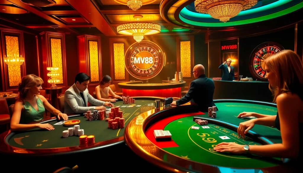 Players at MV88 enjoying poker and blackjack in a luxurious casino setting.