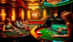 Players at MV88 enjoying poker and blackjack in a luxurious casino setting.