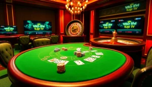 Engage in high-stakes poker at a luxurious casino table, featuring vibrant elements tied to Vào lưới TV excitement.