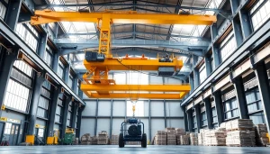 Bridge crane efficiently lifting heavy machinery in a modern industrial warehouse.