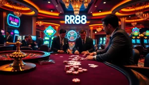 Experience the excitement of RR88 with players betting at a luxurious poker table in a vibrant casino.