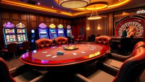 Experience high-stakes gameplay at mm88 with a luxurious casino atmosphere and vibrant slot machines.