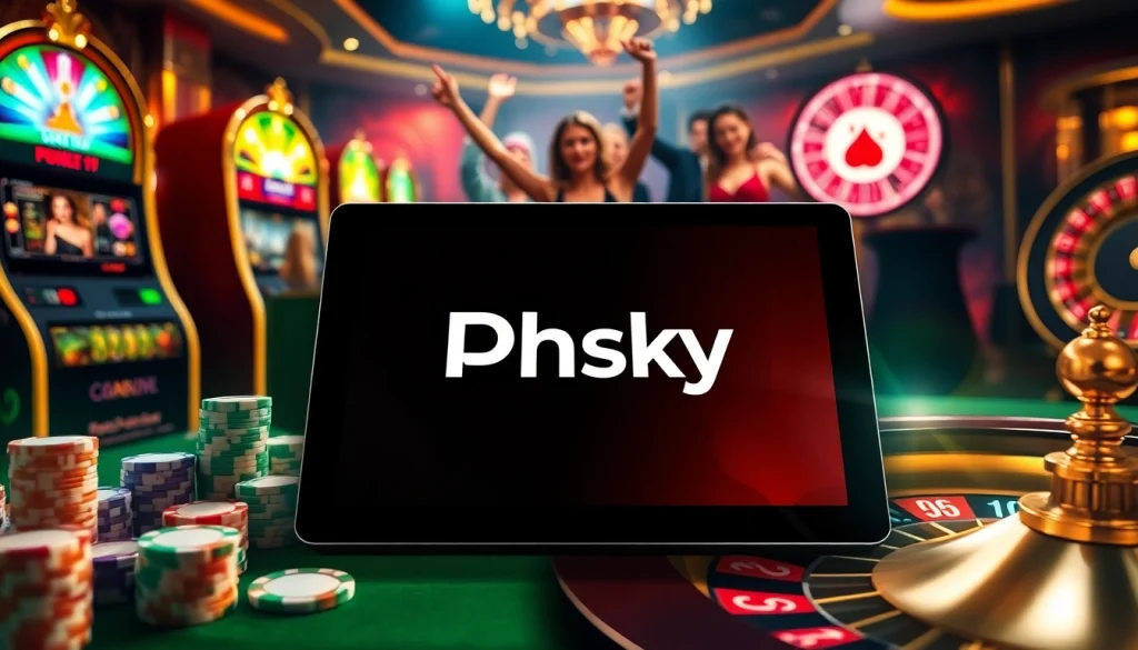 Experience thrilling gameplay with Phsky on a luxurious casino tablet amidst vibrant slot machines.