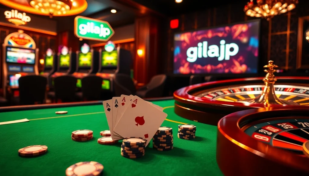Experience the thrill of winning at gilajp with poker chips and illuminating slot machines.