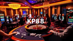Experience KP88 excitement at a luxurious casino table with vibrant colors and engaged players.