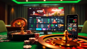 Engage in winning strategies with adobet88 at a vibrant online casino table adorned with poker chips and cards.