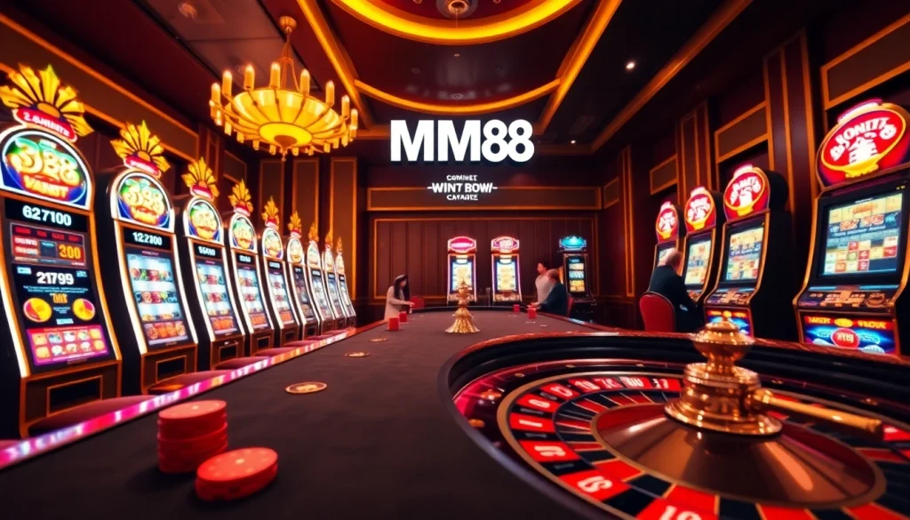 Experience luxury gambling with MM88 at a vibrant casino table surrounded by excited players.
