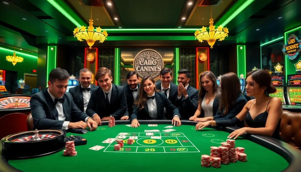 A dynamic casino scene showcasing players at http://11win.br.com/ with cards and chips, radiating excitement and luxury.