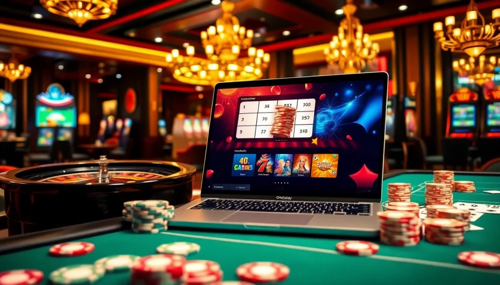 Onicplay online gaming interface displayed with poker chips and a roulette wheel in a vibrant casino setting.
