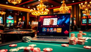 Onicplay online gaming interface displayed with poker chips and a roulette wheel in a vibrant casino setting.