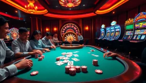 Engaging players at a luxurious casino showcasing tải hitclub action with poker chips and roulette.