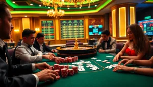 Engage in a thrilling poker game at 13Win.Com with vibrant chips and an exciting casino atmosphere.