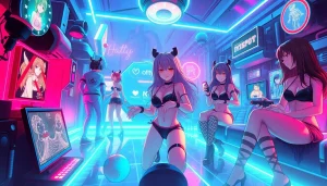 Porn game scene with diverse characters in an immersive virtual landscape, showcasing excitement.