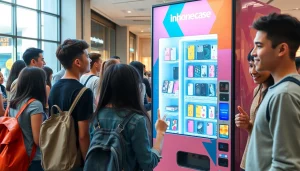 Interactive phone case vending machine offering colorful customizable options for shoppers in a lively mall.
