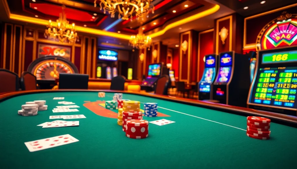 Experience the thrill of high-stakes gambling at a luxury casino featuring s8 poker tables and vibrant slot machines.