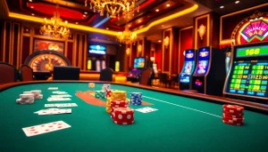 Experience the thrill of high-stakes gambling at a luxury casino featuring s8 poker tables and vibrant slot machines.
