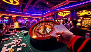 Exciting casino scene depicting lively roulette and card games on https://vaoluoitv.it.com showcasing vibrant gambling excitement.