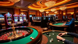 Experience thrilling gaming at OXBET's luxurious casino environment with vibrant tables and slot machines.