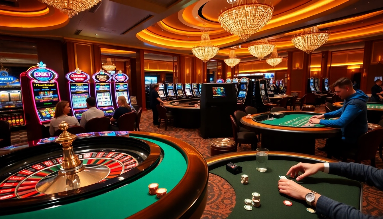 Experience thrilling gaming at OXBET's luxurious casino environment with vibrant tables and slot machines.