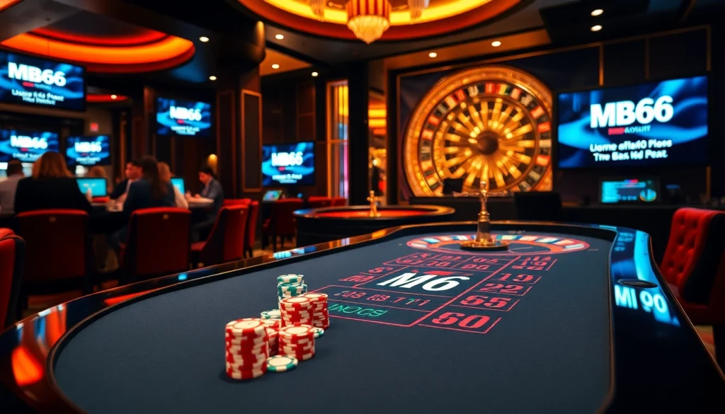 Engage in thrilling gameplay at the MB66 branded casino table surrounded by vibrant poker chips and excitement.