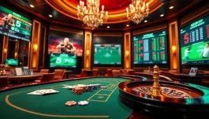 Exciting i5bet online casino scene with roulette and poker elements, showcasing vibrant betting action.