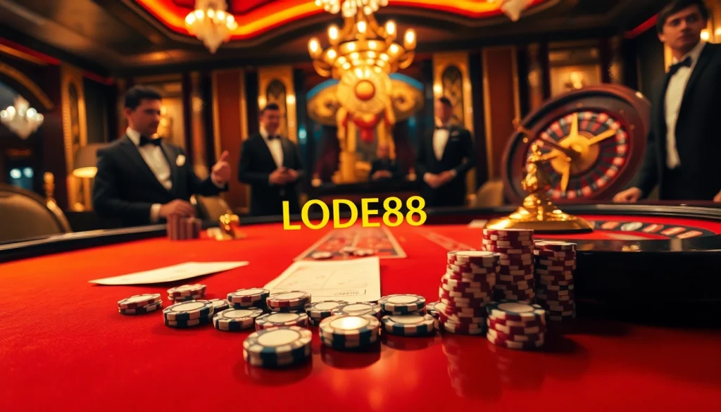 Gamblers engaging with LODE88’s high-stakes poker, featuring vibrant chips and a spinning roulette wheel.