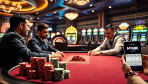Engage with an exciting MM88 poker game scene showcasing vibrant chips and roulette ambiance.