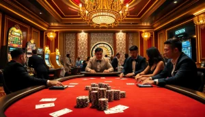 Poker players strategizing at the luxurious casino inspired by https://kkwin.diy/, with vibrant ambiance and classic games.