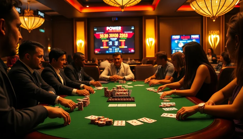 Excited players engaged in a poker game at a luxurious casino table with colorful chips.