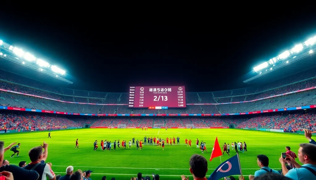 Display of ผลบอลคืนนี้ results on a football scoreboard with cheering fans in vibrant stadium.