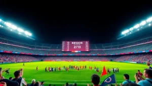 Display of ผลบอลคืนนี้ results on a football scoreboard with cheering fans in vibrant stadium.
