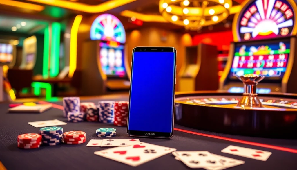 Engaging casino scene showcasing Samsung Galaxy S8 on a vibrant gaming table with poker chips and roulette.
