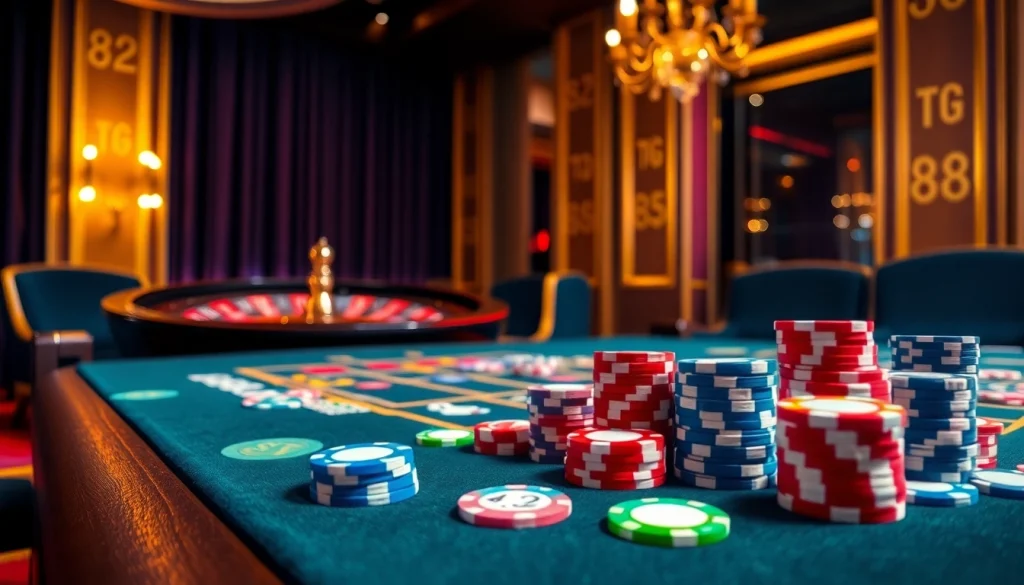 Experience the excitement of TG88 casino gaming with vibrant poker chips and an engaging roulette table.