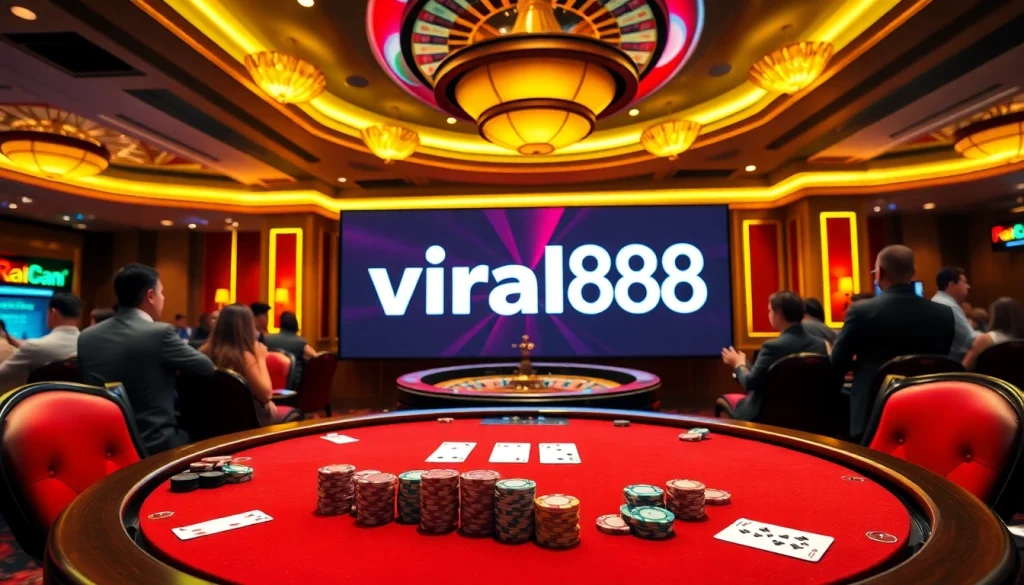 Experience the excitement of gambling with viral88 in a luxurious casino setting featuring poker and roulette games.