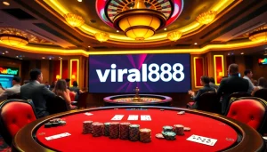 Experience the excitement of gambling with viral88 in a luxurious casino setting featuring poker and roulette games.