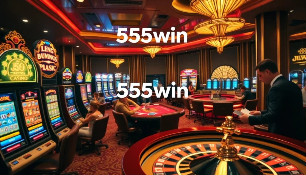 A lively casino scene showcasing players at 555win poker tables and vibrant slot machines, capturing the excitement of gambling.